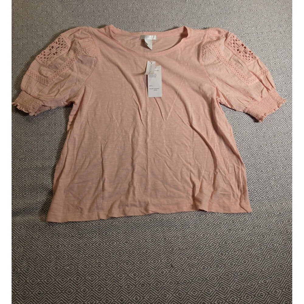 Design History Pink Eyelet Crochet Sleeve Top Size L NWT